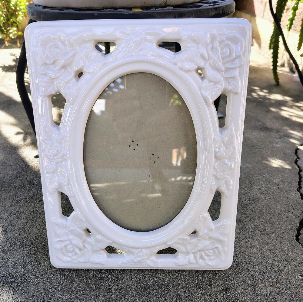 Vintage Ceramic White Floral Picture Frame Ornate Rose Pattern Cottage Core